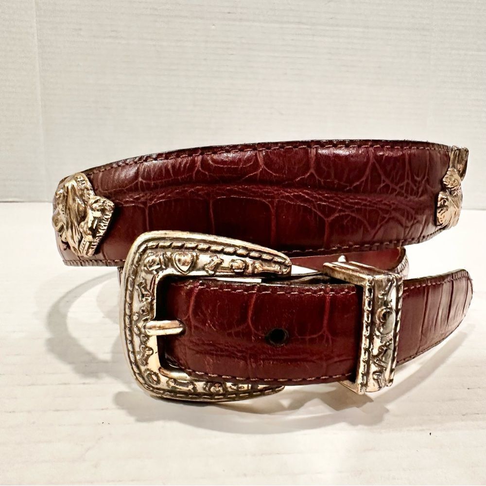Talbots Burgundy Croc-Embossed Leather Belt with Silver Dog Head Accents - Picture 6 of 7